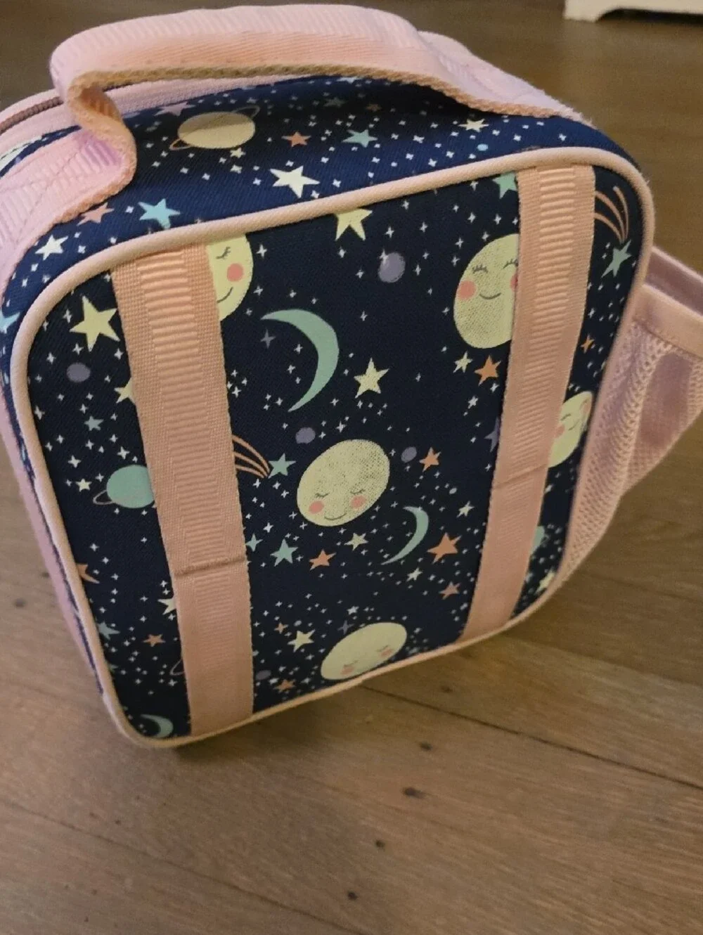 Pottery Barn Kids Mackenzie Navy Space / Stars Print Lunch Box with Pink Trim